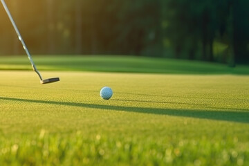 A golf ball and a golf club on a green golf course
