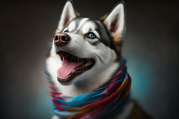 Husky Dog with Colorful Scarf. AI Generative