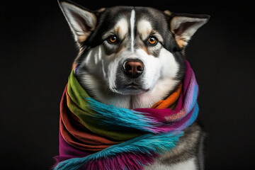 Husky Dog with Colorful Scarf. AI Generative