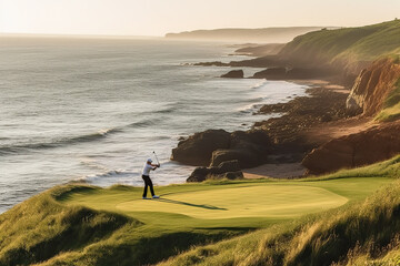 A person on a golf course near the ocean