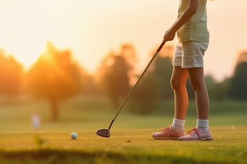 A little girl playing golf on a golf course