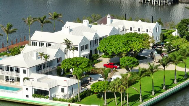 Aerial telephoto closeup of 10 Tarpon Isle Palm Beach a megamansion residence