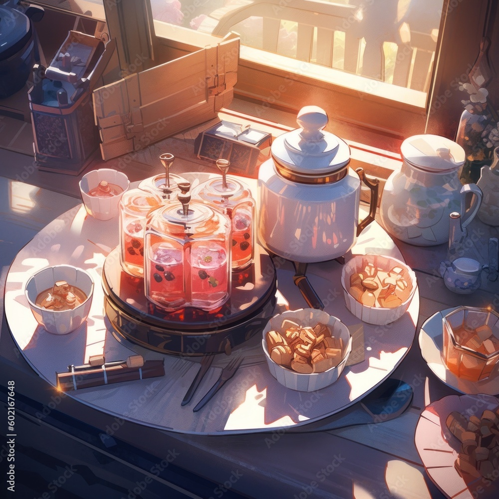 Poster A table topped with plates of food next to a window. Generative AI image.