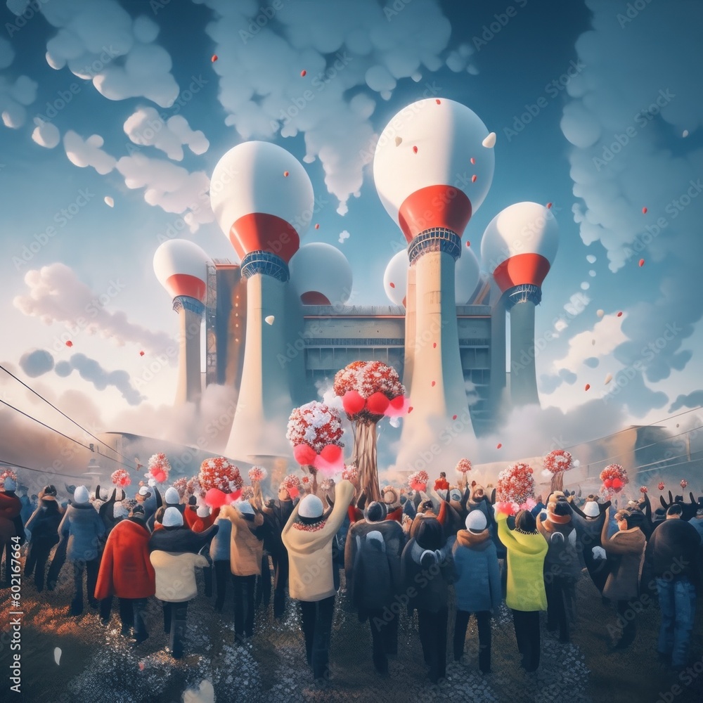 Poster a large group of people standing in front of a building. generative ai image.