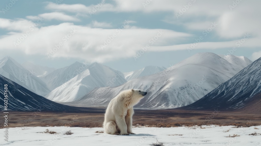 Poster a polar bear standing in the snow in front of a mountain range. generative ai image.