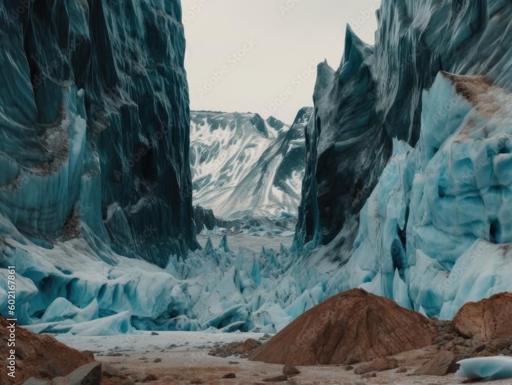 Poster a group of people standing in front of a glacier. generative ai image.