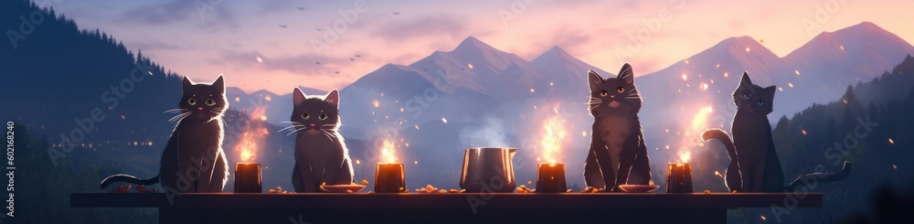 Poster a group of cats sitting on top of a table. generative ai image.