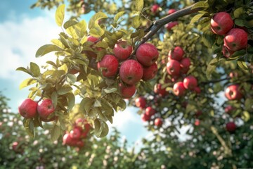 Obraz premium Ripe Apples Growing on Apple Tree in Sunny Orchard, Generative AI
