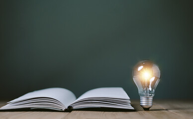 Educational knowledge and business education ideas, Innovations, Glowing light bulb and open book,...