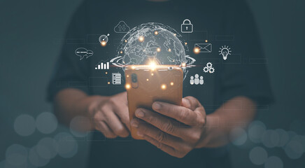 Business global internet connection application technology and digital marketing, Businessman using application on smartphone for network connect, Digital link tech, big data, Internet of Things.