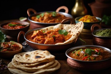Indian ethnic food buffet on white concrete table from above: curry, samosa, rice biryani, dal, paneer, chapatti, naan, dishes of India for dinner background. Generated by AI