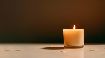 A candle on a neutral background with copy space. Generative AI
