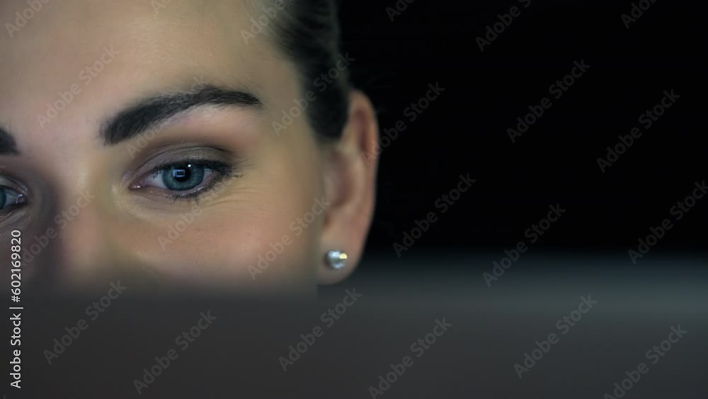 Poster face, cyber security or programmer woman thinking at night for ux seo software, web design or databa