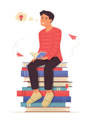 Man Sitting on Pile of Books and Thinking Idea for Reading Concept Illustration