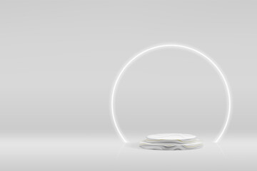 White 3d podium scene for award ceremony. Geomertic pedestal for prize or product presentation. Marble beauty cometic platform. Round light line or ring lamp