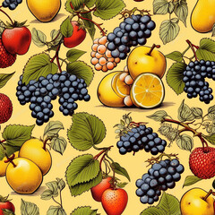 fresh bright fruits and berries on a yellow background. AI generated