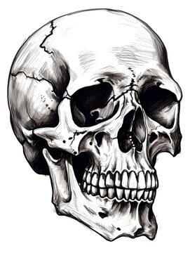 Skull ink watercolor on white background, generative ai drawing of human skull