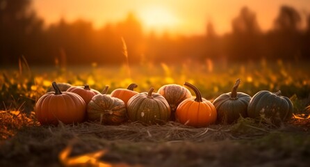 Pumpkins on field, generative ai image on sunset