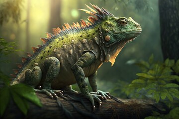 Fototapeta premium A colorful iguana in the jungle. Ai generated.