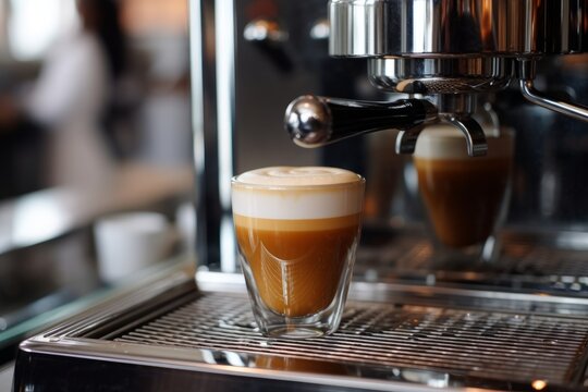 A close-up of the crema on top of an espresso shot, with the coffee beans and machine in the background. Generative AI