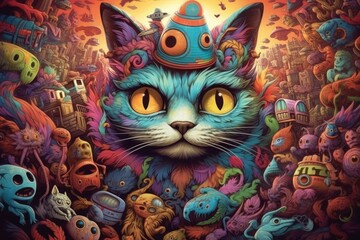 Highly detailed trippy cat, scary colors, psychedelic. Generative AI
