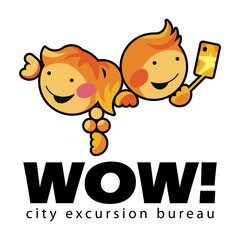 City excursion bureau logotype template with funny tourists 