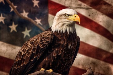 Naklejka premium An American bald eagle perched on a branch with an American flag in the background, symbolizing freedom and strength. Generative Ai
