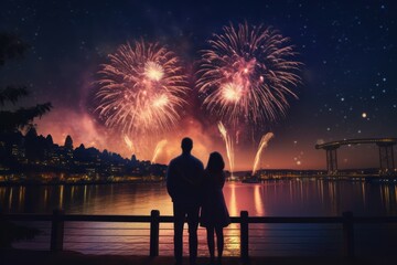 A couple holding hands and watching the fireworks display, with a romantic atmosphere and a patriotic theme. Generative AI