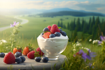 A beautiful landscape shot with a spoonful of yogurt and fresh berries in the foreground. Generative AI