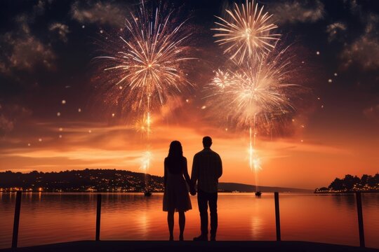 A couple holding hands and watching the fireworks display, with a romantic atmosphere and a patriotic theme. Generative AI