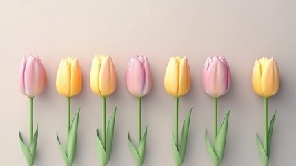 A colorful row of tulips in bloom. Generative ai