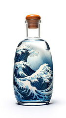 A glass bottle with a picture of a wave in it. Generative AI.