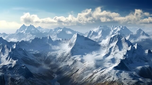 Mountain range shrouded in clouds from above. Generative ai