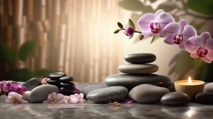Obraz na płótnie Canvas A minimalist zen garden with bamboo and rocks on a table. Generative ai