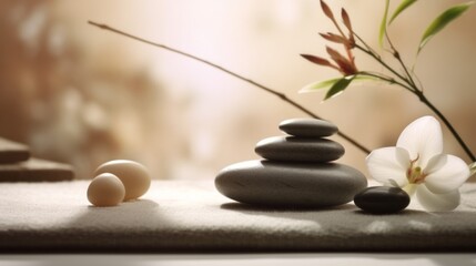 A minimalist zen garden with bamboo and rocks on a table. Generative ai