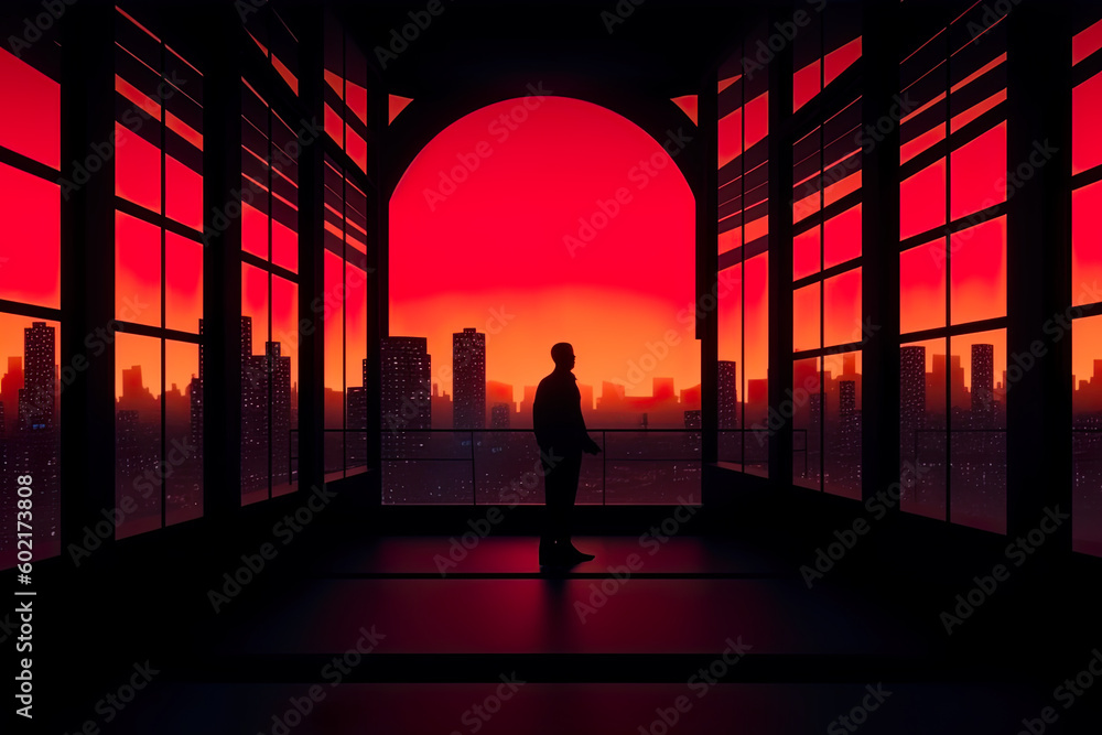 Poster a silhouette of a person standing in front of a window. generative ai.