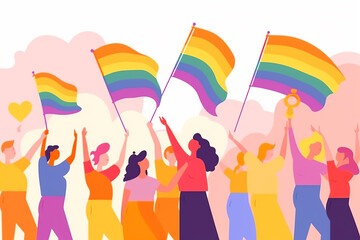 Fototapeta na wymiar LGBTQ pride month parade minimalist illustration, people waving rainbow flags, generative AI