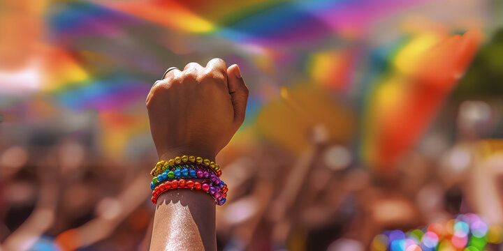 raised fist hand on a gay LGBT parade pride month, closeup with blurred LGBTQ celebration rainbow flags at the background, homosexual community empowerment concept, generative AI