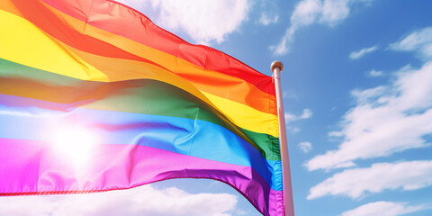 LGTB flag waving on blue sky, LGTBQ community rainbow progress flag simbol with bright sun backlit, celebration of gay pride, generative AI