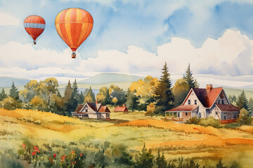 A painting of a house and a hot air balloon. Generative AI.