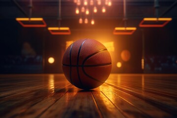 Basketball ball on the floor of a basketball court. Created with Generative AI tools