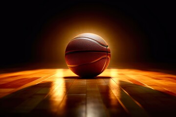 Basketball ball on a wooden floor in front of a dark background. Created with Generative AI tools