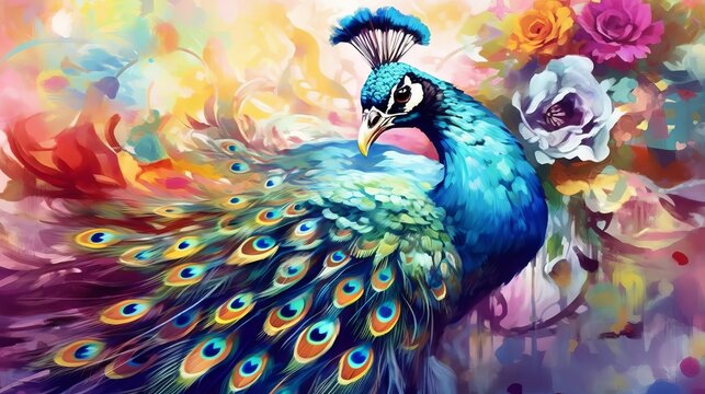 A colorful painting of a peacock surrounded by vibrant flowers. Generative ai