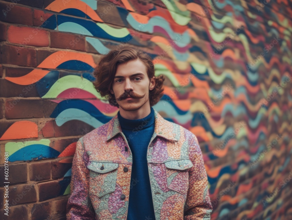Poster a man standing in front of a colorful wall. generative ai image.