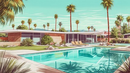 Obraz premium Illustration of a mid century house sunny day with a pool. Generative ai