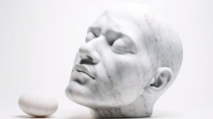 A sculpture of a man with his eyes closed next to an egg. Generative AI.