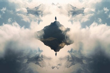 A person standing on top of a mountain in the clouds. Generative AI image.