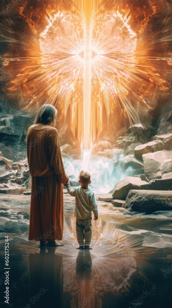 Poster a man and a child standing in front of a firework. generative ai image.