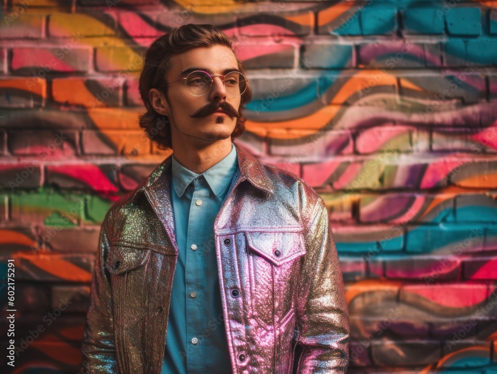 Poster a man with a moustache standing in front of a graffiti wall. generative ai image.