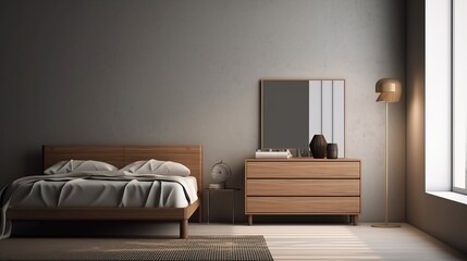 Illustration of a cozy and modern bedroom with a comfortable bed, dresser, and mirror. Generative ai